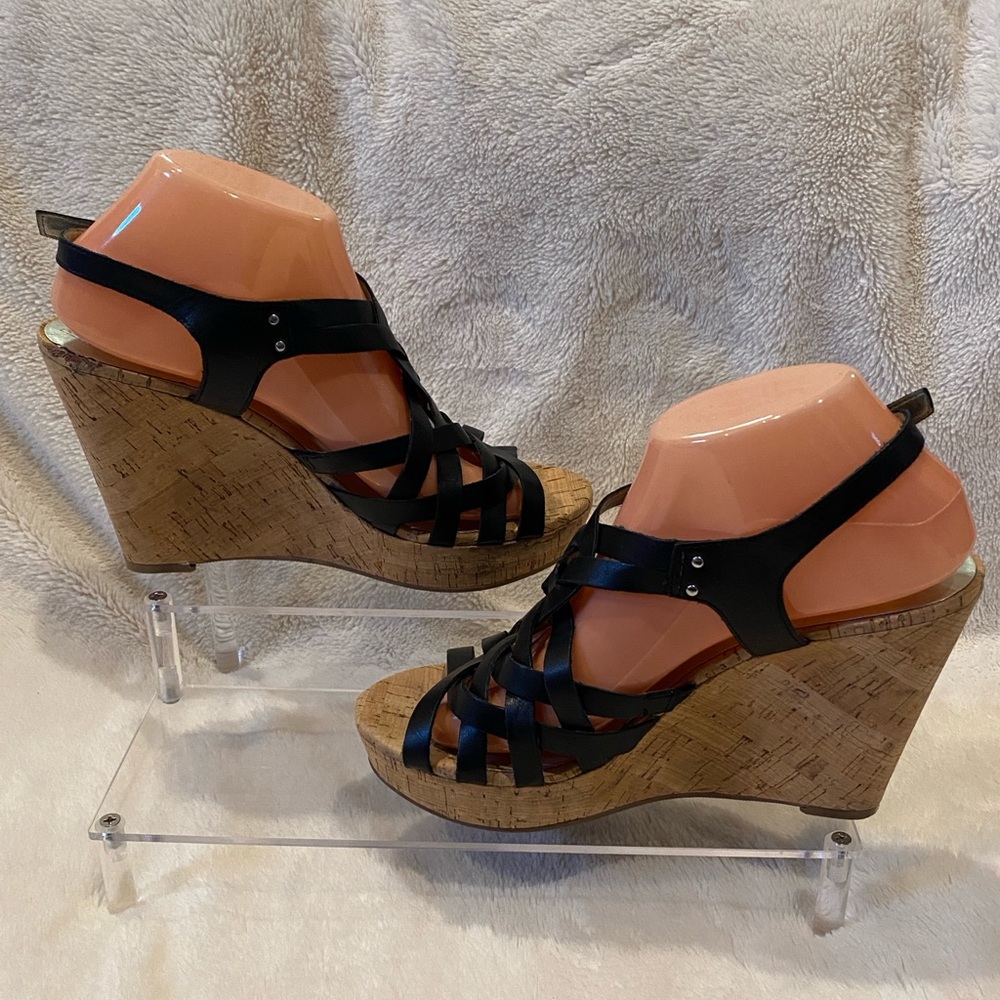 Guess WGeppie Black Strappy Leather Cork Wedge Slingback Sandals Size 9 VGC - Picture 3 of 16